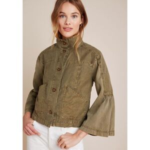 Anthropologie Womens Miley Flounced Utility Jacket Bell Sleeves‎ Green Sz Medium